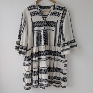 Civico 51 Made in Italy Black & White Boho Cotton Blend V-Neck Dress Large
